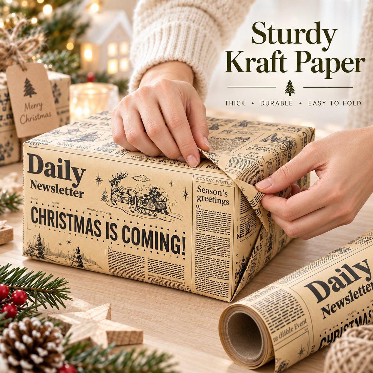Sturdy kraft Christmas wrapping paper folded around gift box