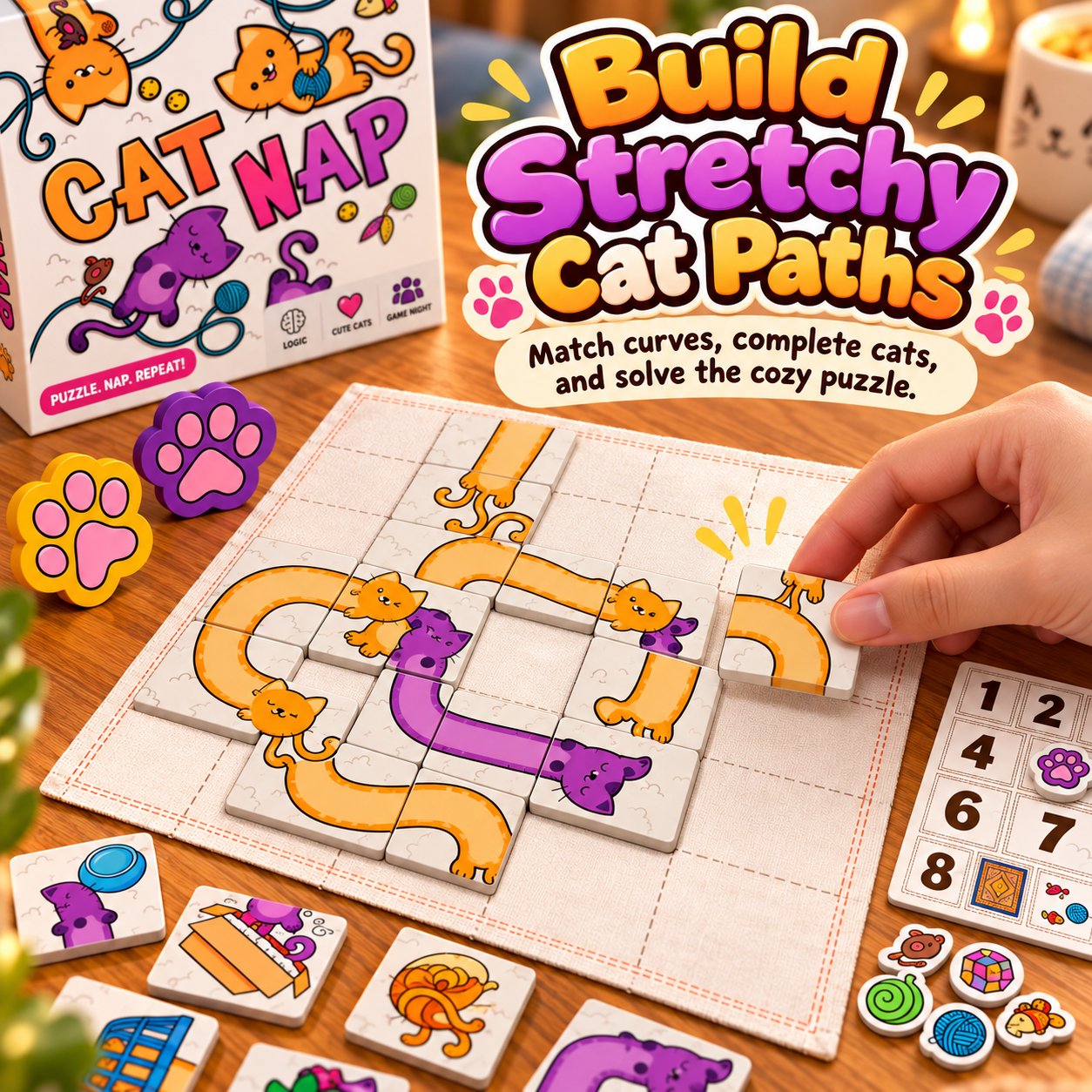 Player connecting curved puzzle tiles to build long colorful cat paths