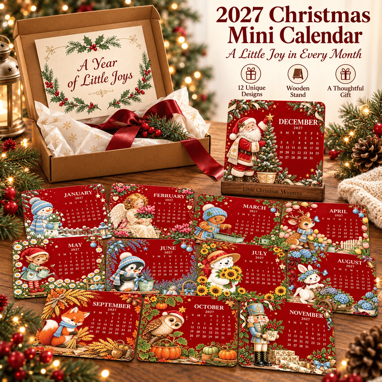 2027 Christmas mini seed calendar with twelve illustrated monthly cards, wooden display stand and festive gift presentation