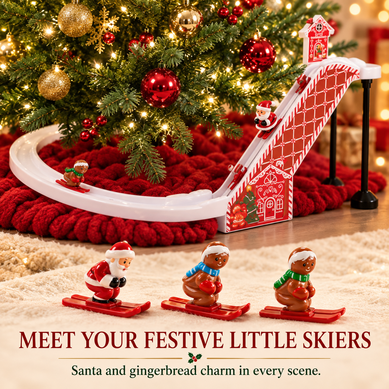 Santa Claus and two gingerbread-style miniature skiers in front of a Christmas ski track