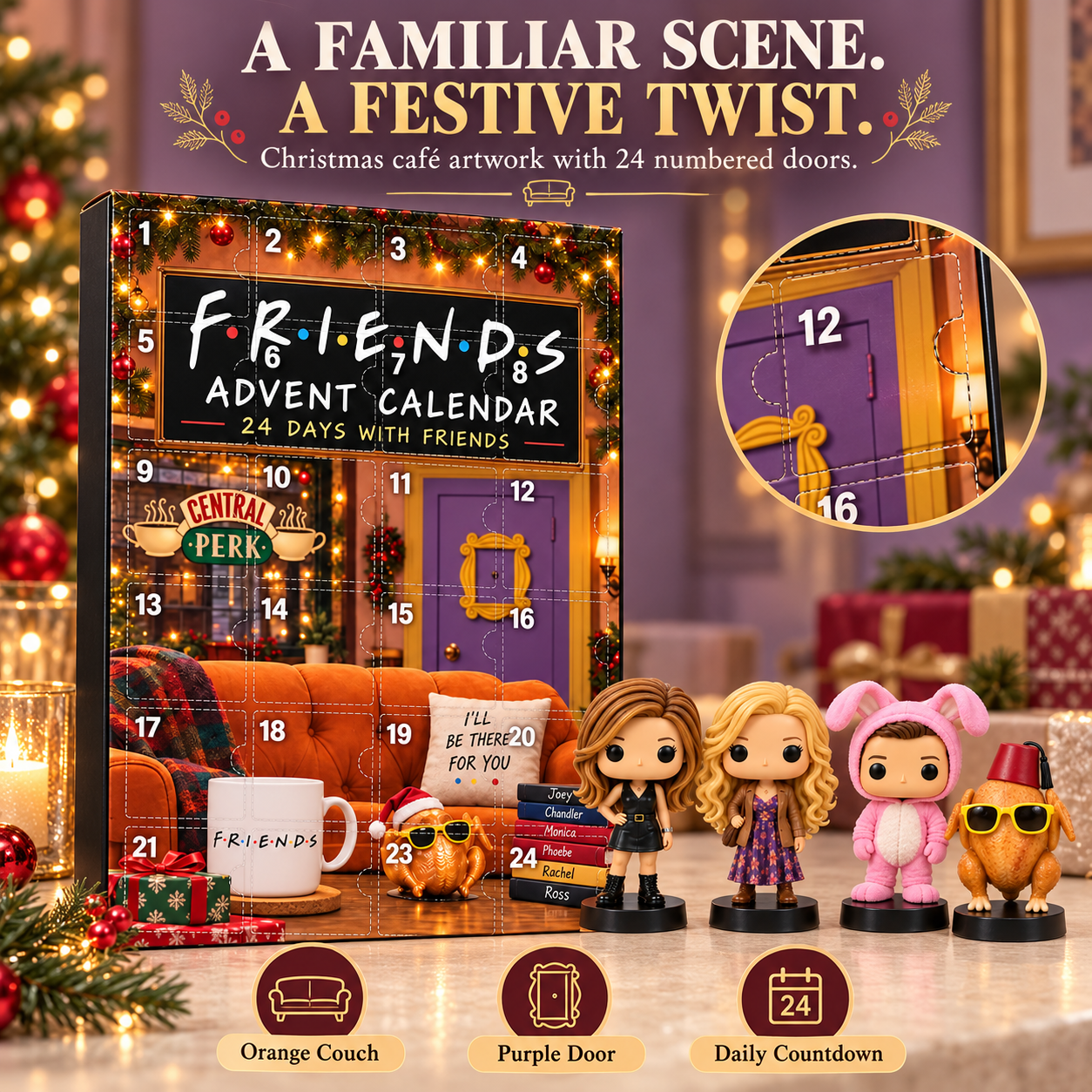 Friends-themed advent calendar featuring orange couch artwork, purple door and numbered compartments
