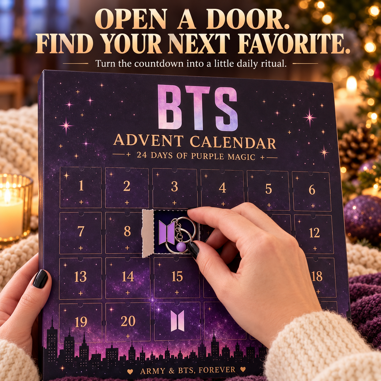 Hands opening a numbered door on a purple-themed Christmas advent calendar