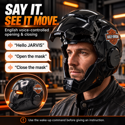 Voice-Controlled Armored Costume Helmet – Gloss Black with Amber LED Eyes & Opening Faceplate