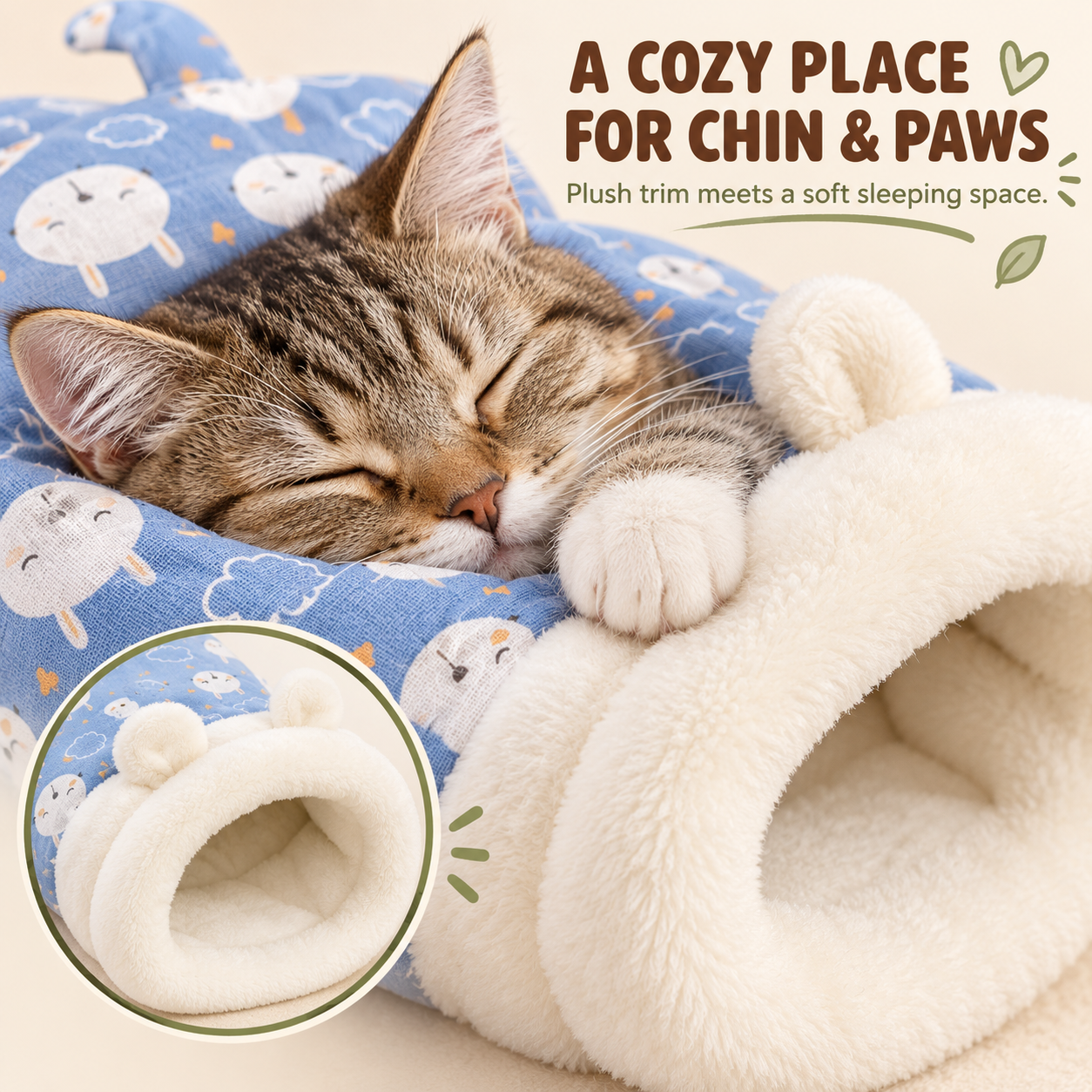 Sleeping tabby kitten resting against the plush opening of a blue sheep-pattern pet cave bed