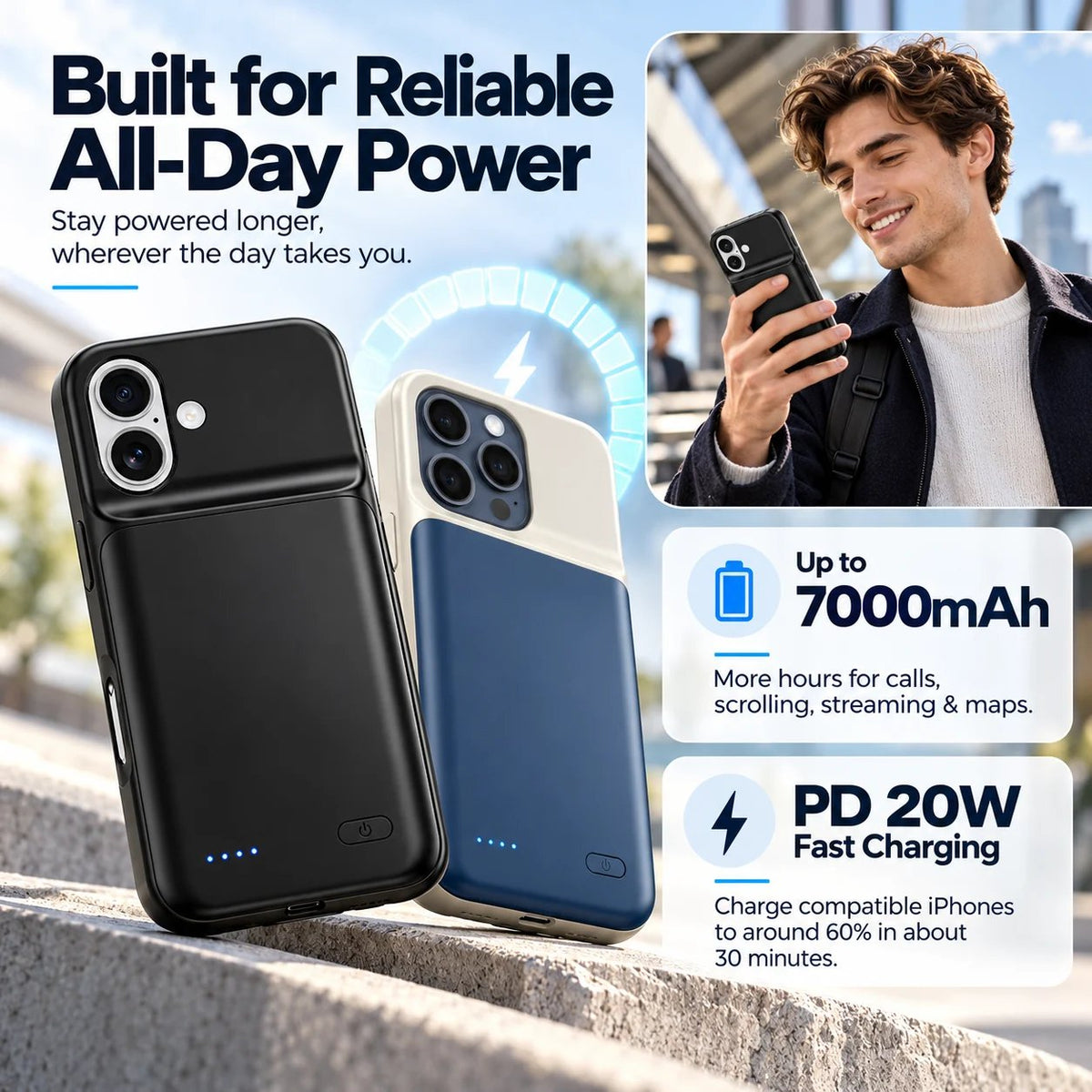 ⚡ Slim Fit iPhone Battery Case | 10-Layer Safety Protection Portable Charging Cover