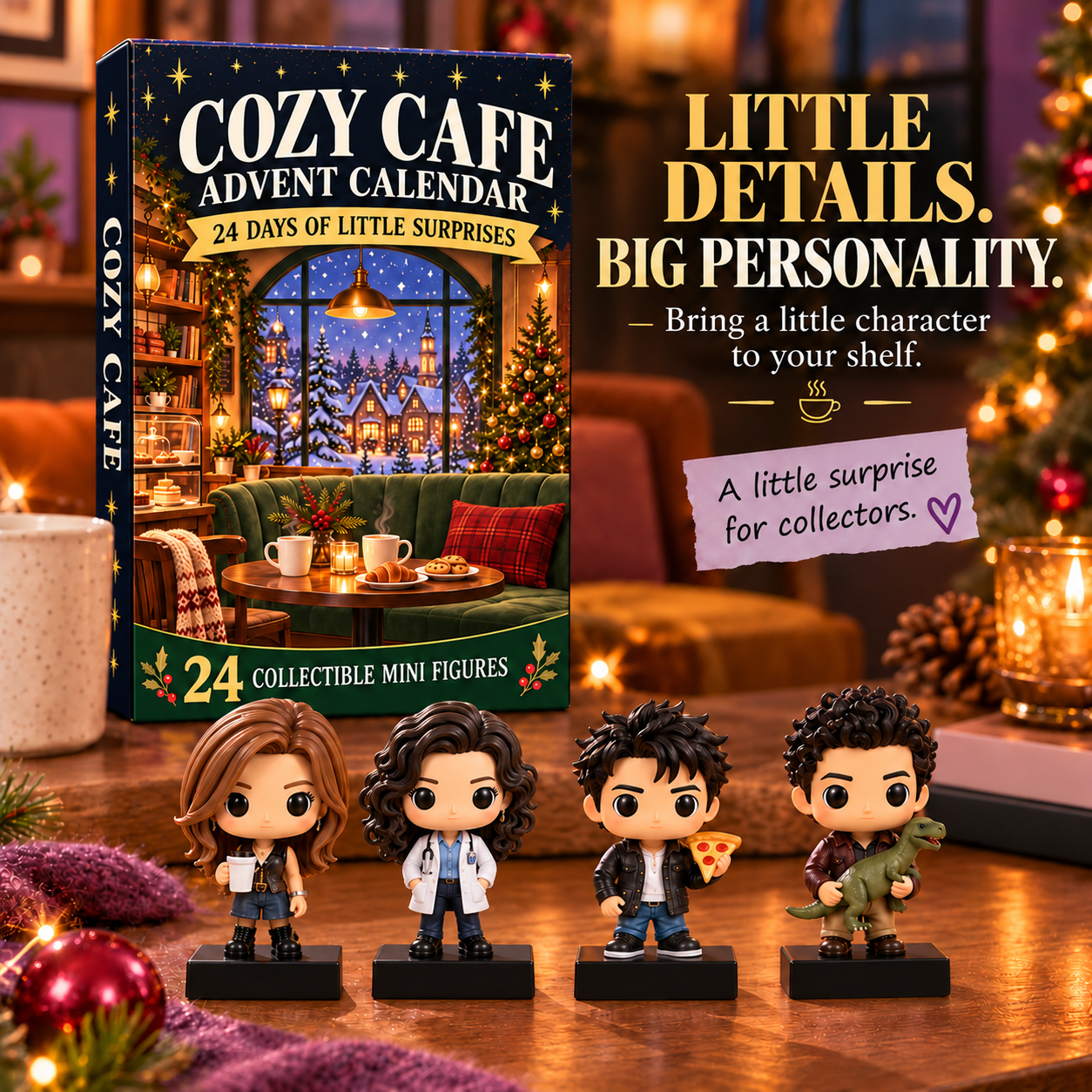 Four miniature collectible characters with coffee cup doctor's coat pizza and dinosaur accessories