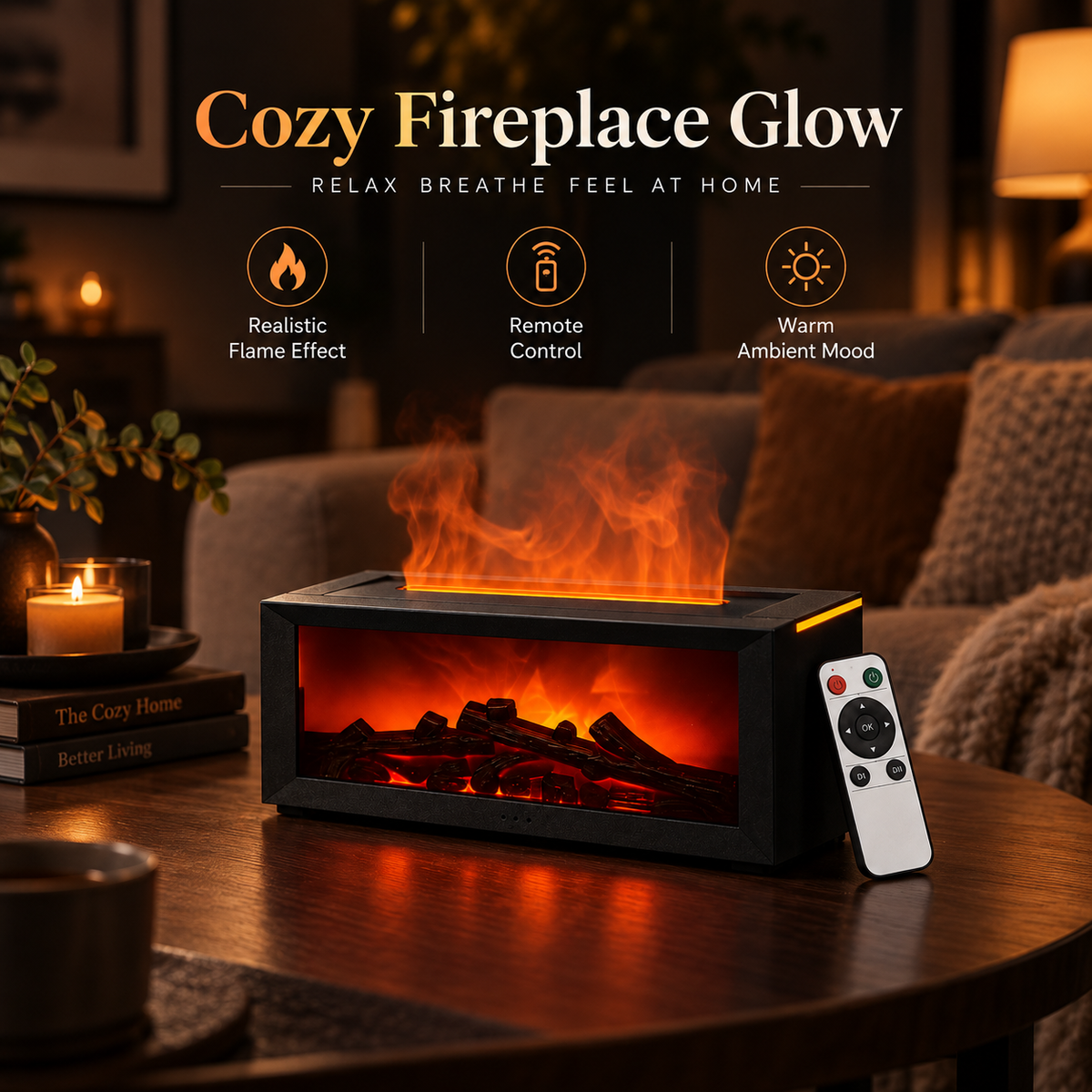 Flame-Effect Ambient Fireplace Humidifier – Remote-Control Cozy Tabletop Decor