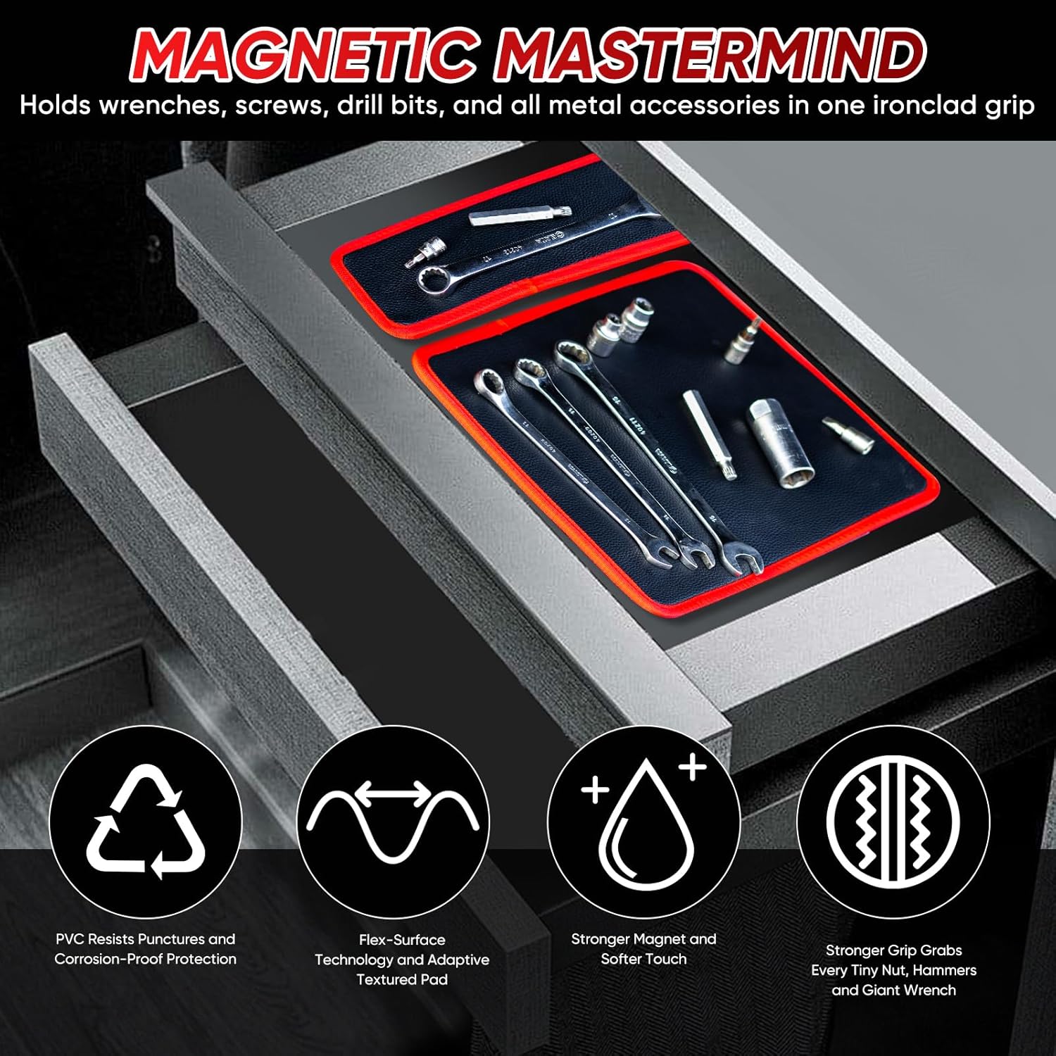 Magnetic tool mats organizing tools inside a toolbox drawer