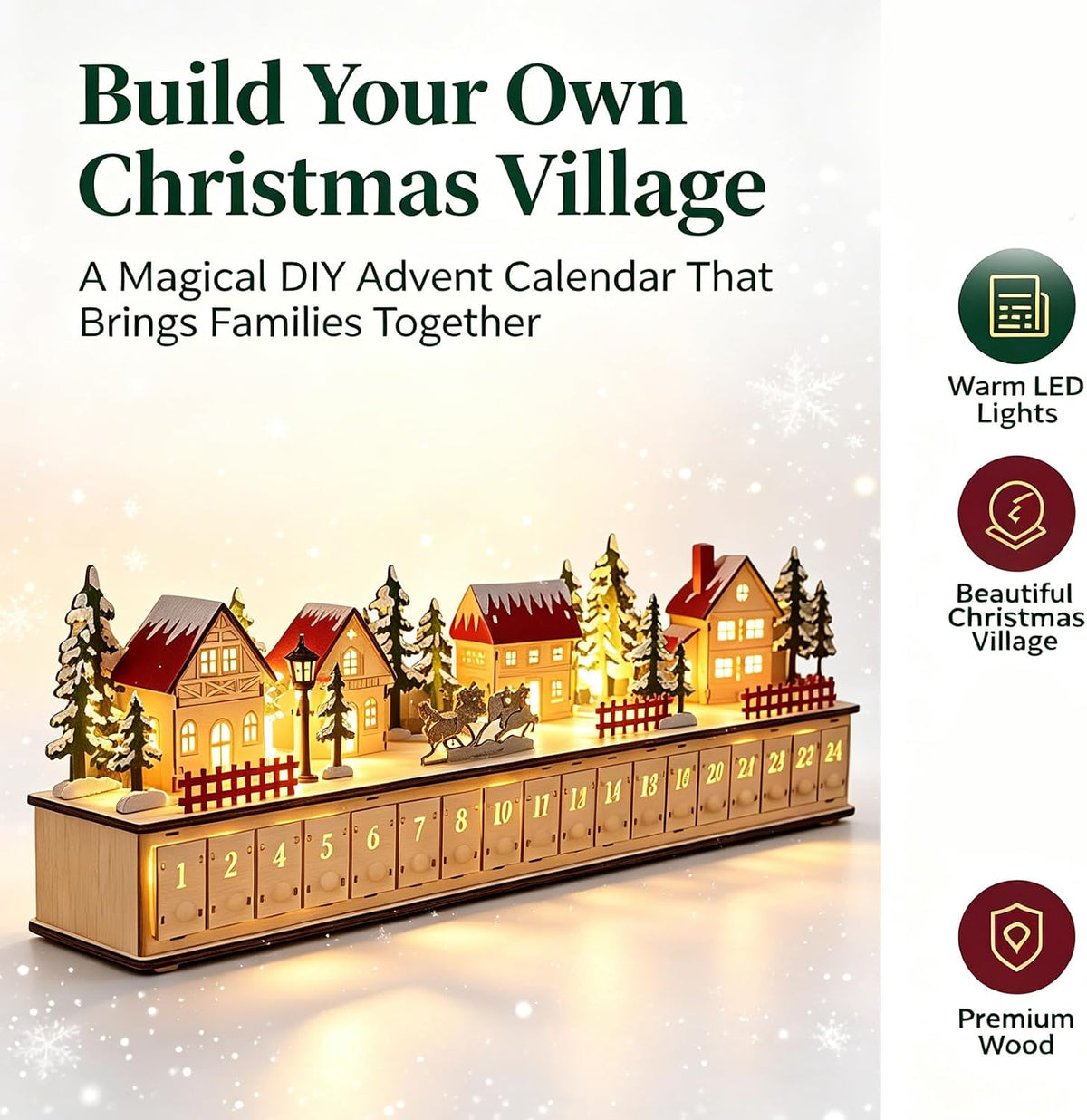 🎄Wooden Village Advent Calendar with LED Glow, Light-Up Christmas Advent Calendar with 24 Countdown Drawers
