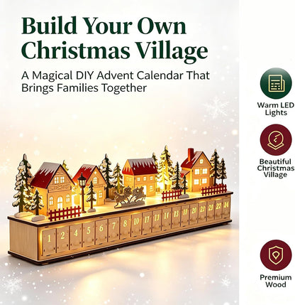 🎄Wooden Village Advent Calendar with LED Glow, Light-Up Christmas Advent Calendar with 24 Countdown Drawers