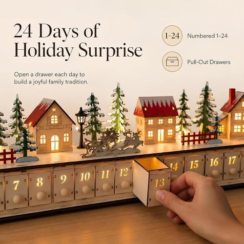 🎄Wooden Village Advent Calendar with LED Glow, Light-Up Christmas Advent Calendar with 24 Countdown Drawers