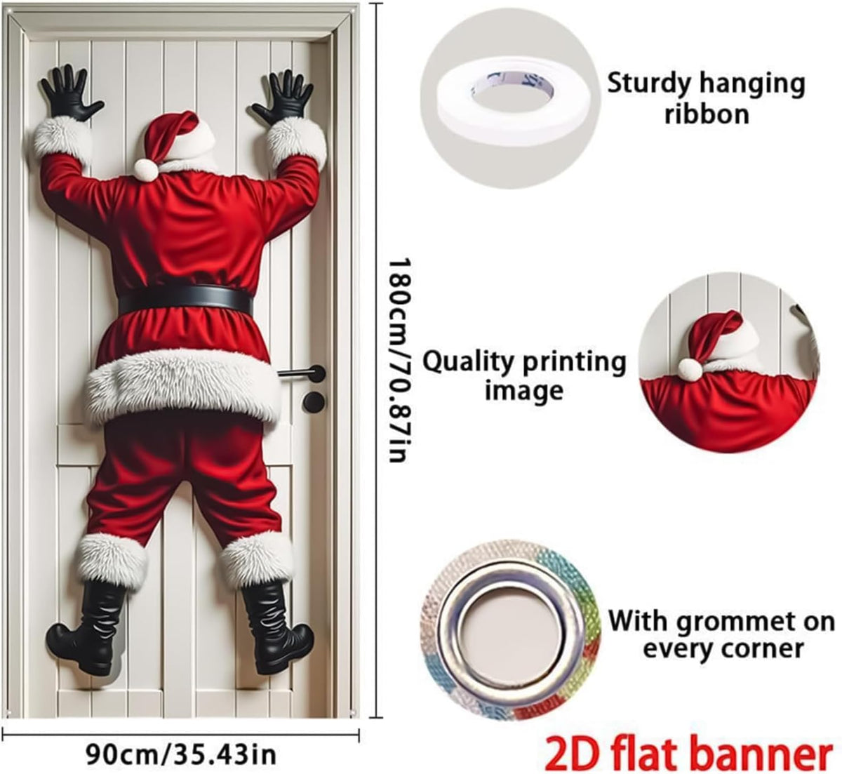 Product guide showing the flat Santa banner, 90 cm width, 180 cm height and corner grommets.