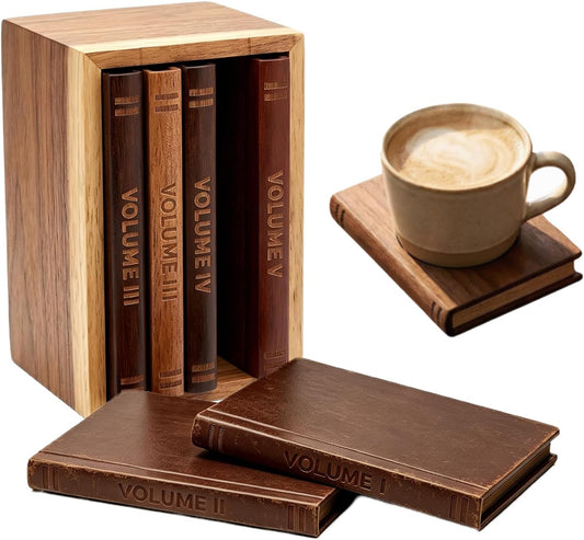 Vintage drink Coasters Set of 5– Wooden Book-Style Coasters with stand, Antique Style Coasters for Drinks, Home Decor, Kitchen Decor, Dining Room Decor, Vintage Bar Decor for Coffee Shop & Restaurant