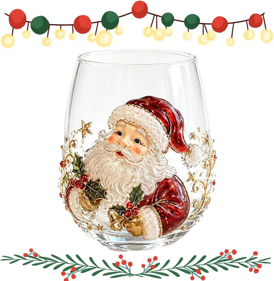 3D Christmas Glass Art Cup,Raised Santa Reindeer Stemless Tumbler