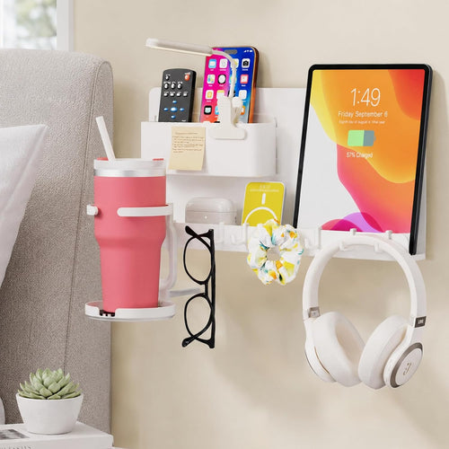 No Drill Extra Wide Floating Wall Shelf, Bedside Organizer for Tablet Phone