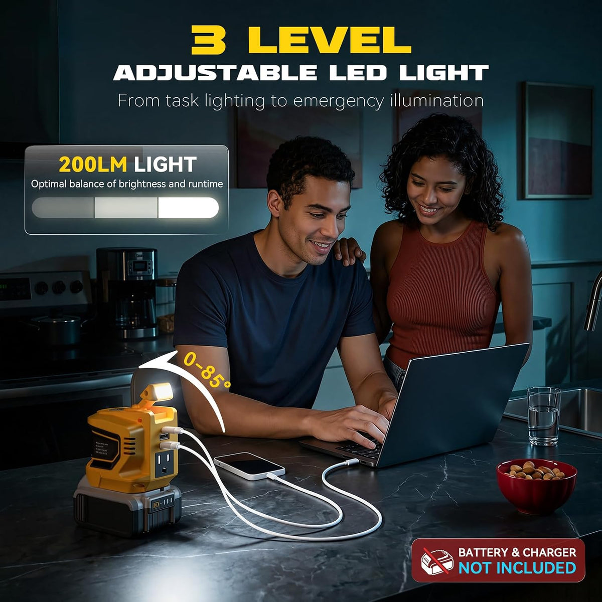 ⚡ 20V Battery Power Inverter – AC Outlet, USB-C & 200LM Work Light