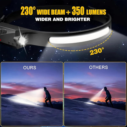 Led headlamp rechargeable 230° Wide Beam Motion Sensor Head Light for Adults