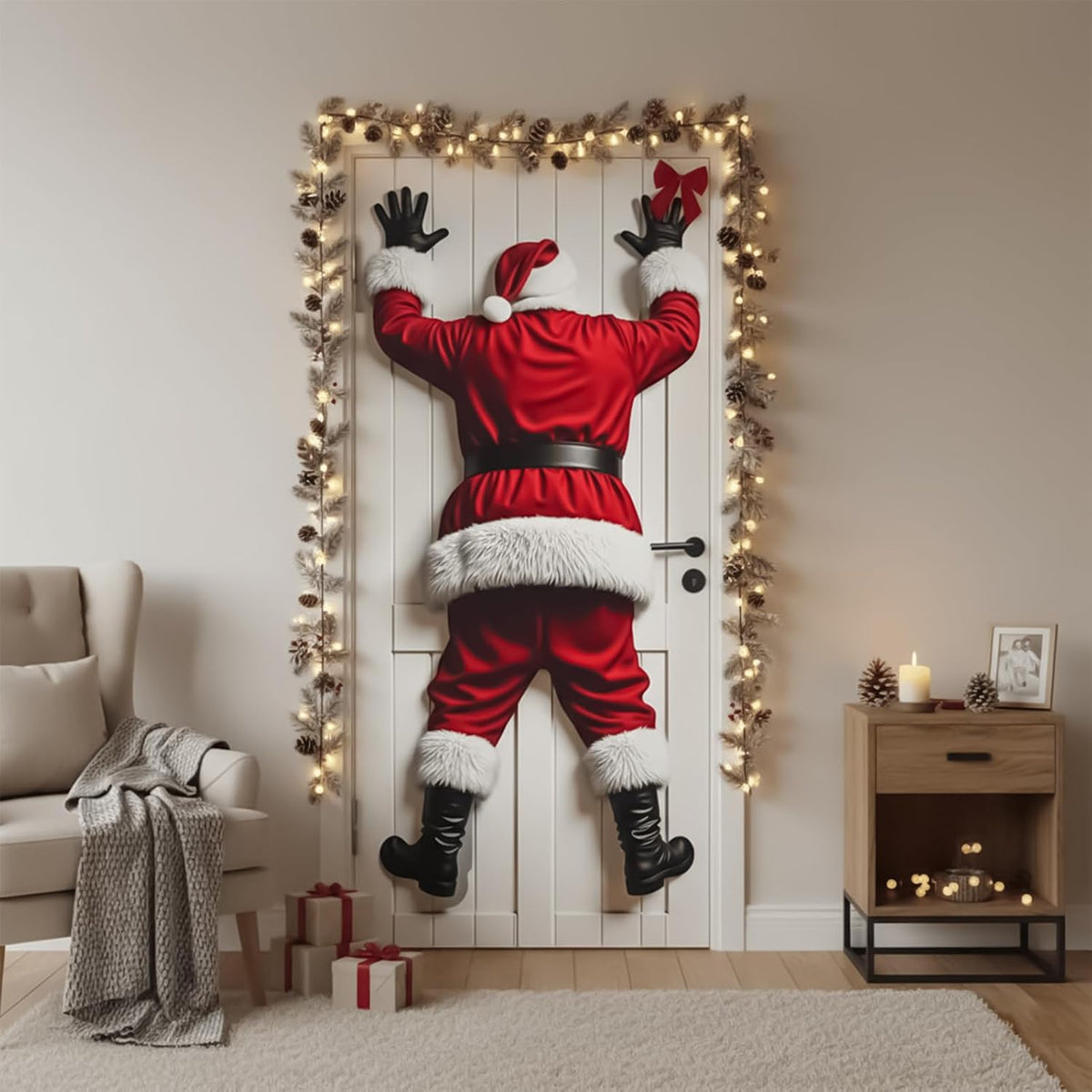 Santa door banner styled on an interior doorway in a cozy holiday room.