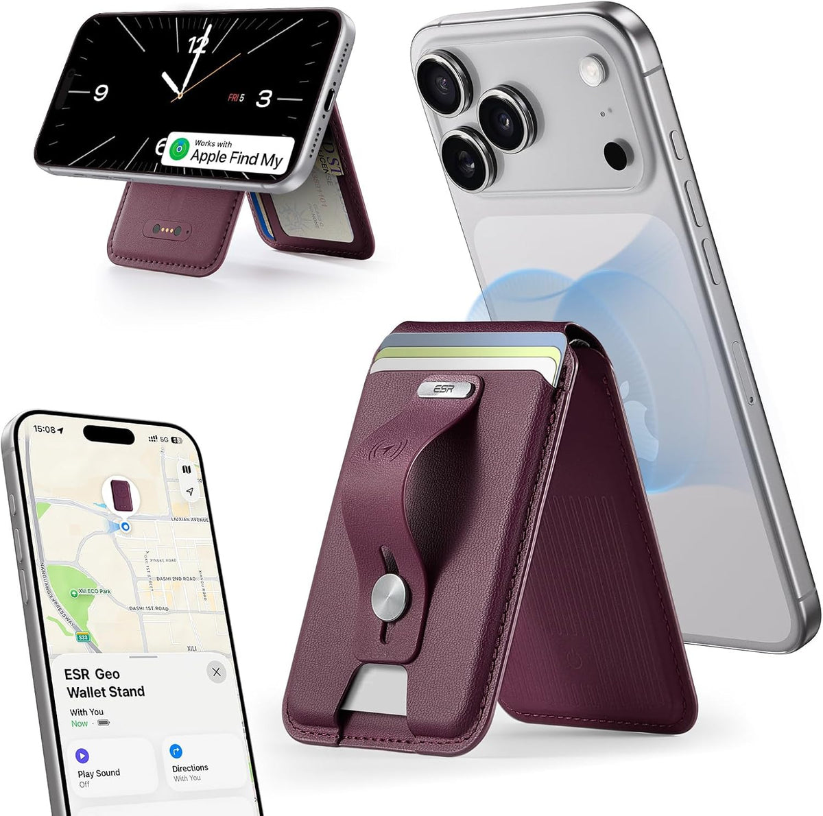 🔍 ESR Geo Magnetic Wallet – Apple Find My, 5-Card Holder, RFID Blocking & Adjustable Phone Stand