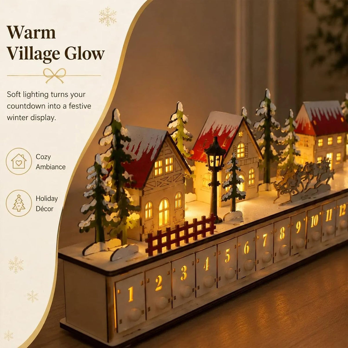 🎄Wooden Village Advent Calendar with LED Glow, Light-Up Christmas Advent Calendar with 24 Countdown Drawers