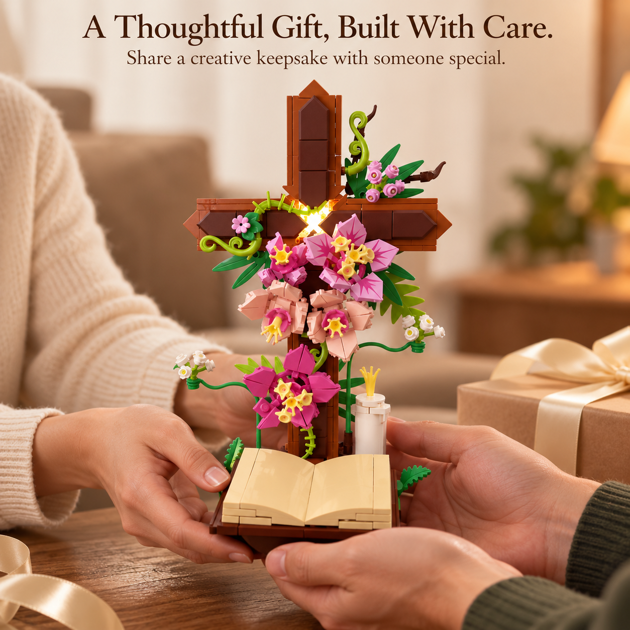 Floral cross building set being presented as a thoughtful gift beside wrapped presents