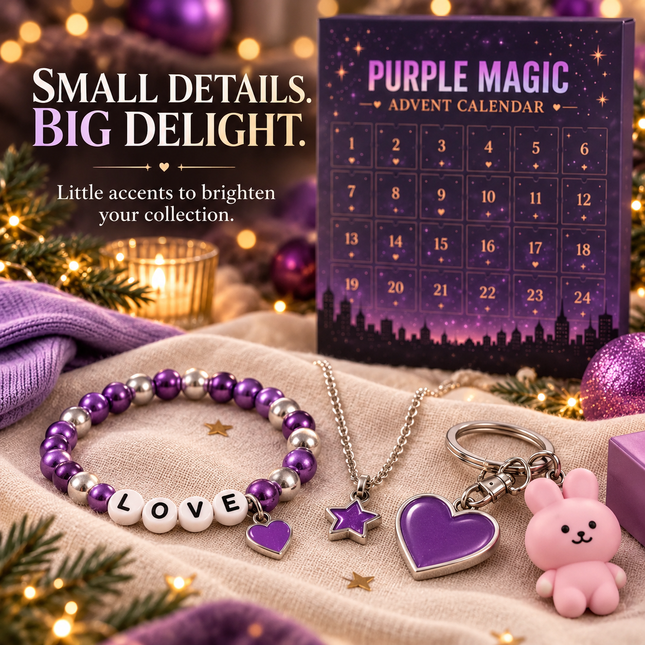 Close-up of purple beaded bracelet heart charm and pink character keychain beside advent calendar