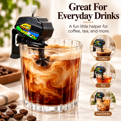 Boat motor coffee stirrer shown with coffee tea and iced drinks