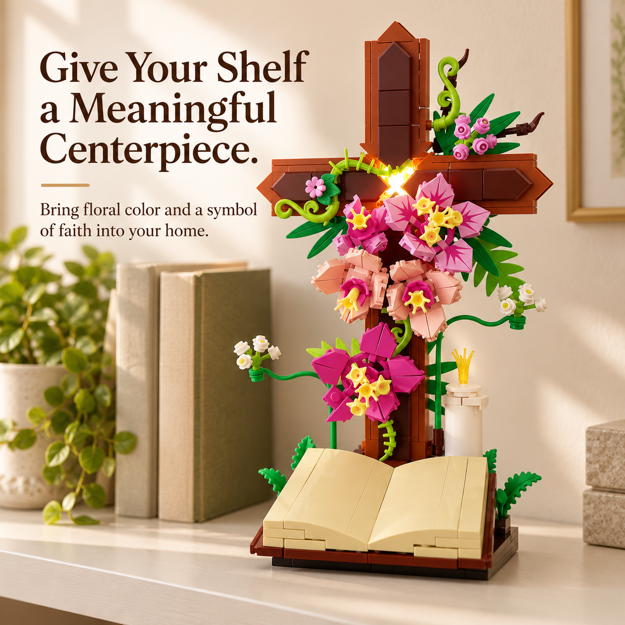 Floral cross building set displayed on a shelf next to books and home decor