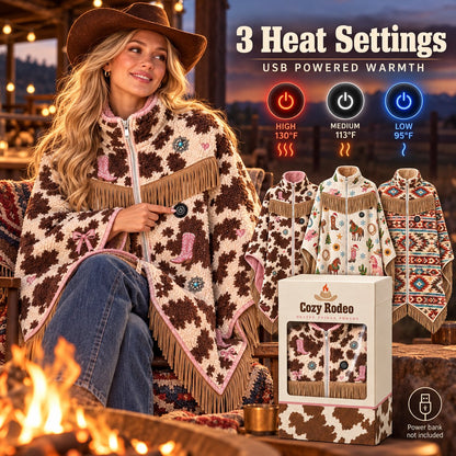 🤠 Heated Sherpa Fringe Poncho – 3 Heat Settings, Cozy Western Cowgirl Wrap in 3 Prints 🔥