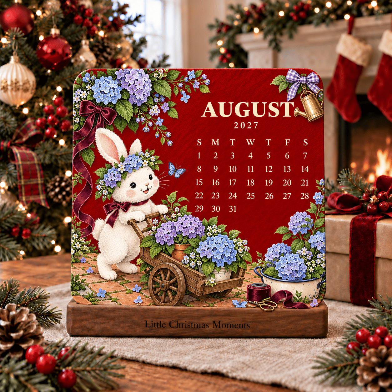 August 2027 white bunny with blue hydrangeas