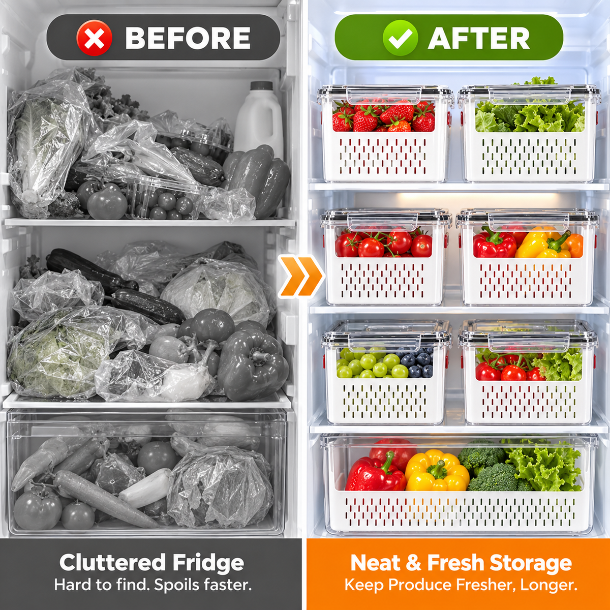 🥗 3PCS Stackable Fridge Produce Saver Containers with Removable Colander – Airtight Food Storage Boxes for Fruits, Vegetables & Meal Prep