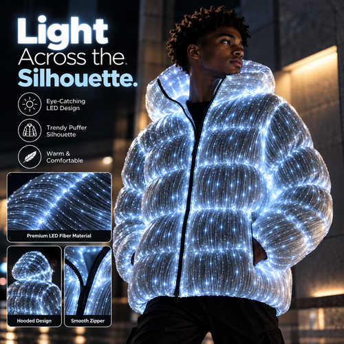 ⚡Full-Glow Fiber-Optic Puffer Jacket – Futuristic Hooded Winter Coat for Raves, Festivals & Night Events