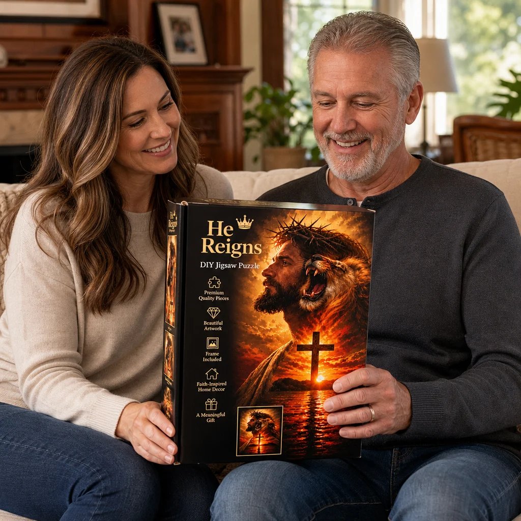 Woman giving the He Reigns Christian puzzle gift box to a smiling older man