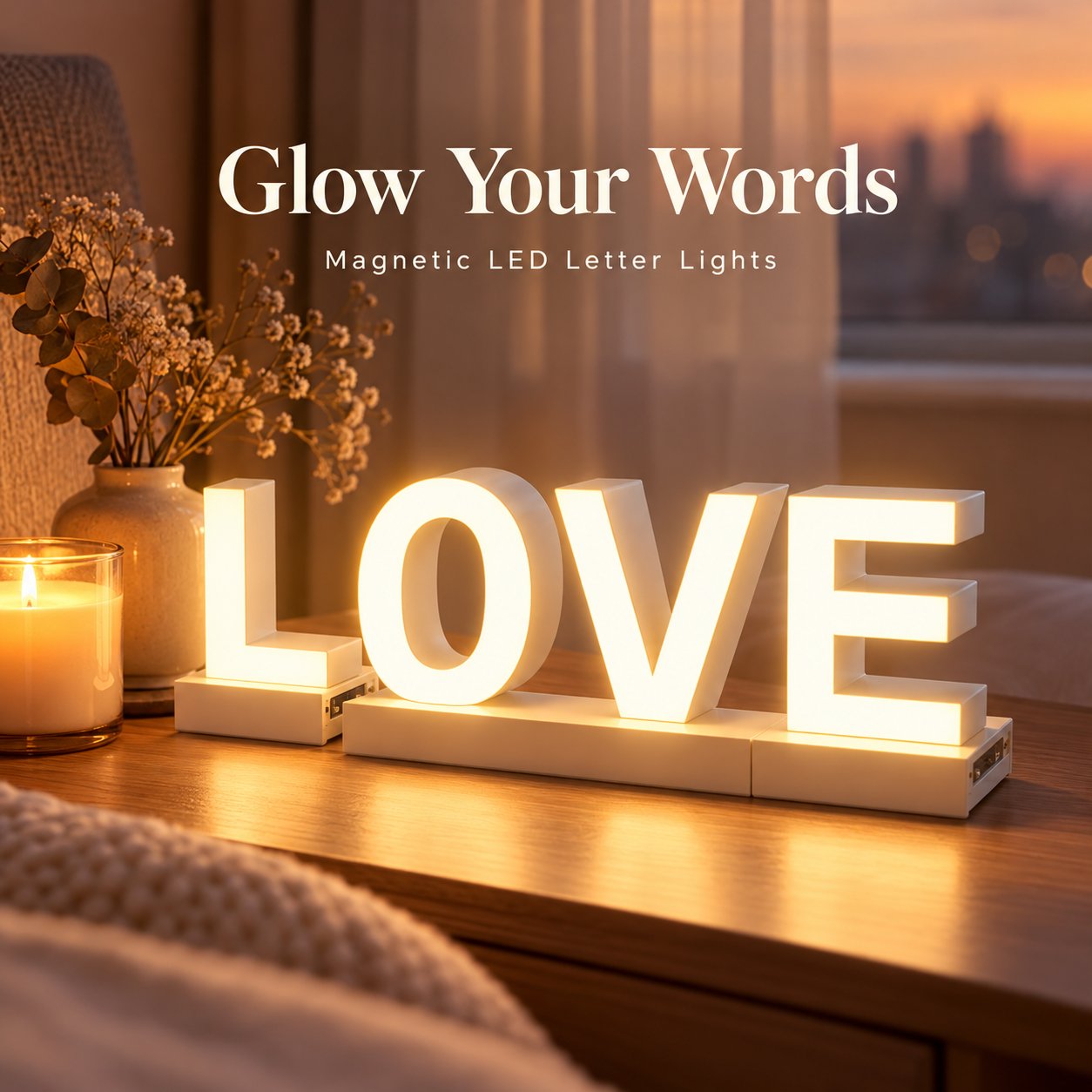 Warm white magnetic LED letters spelling LOVE on a cozy wooden table