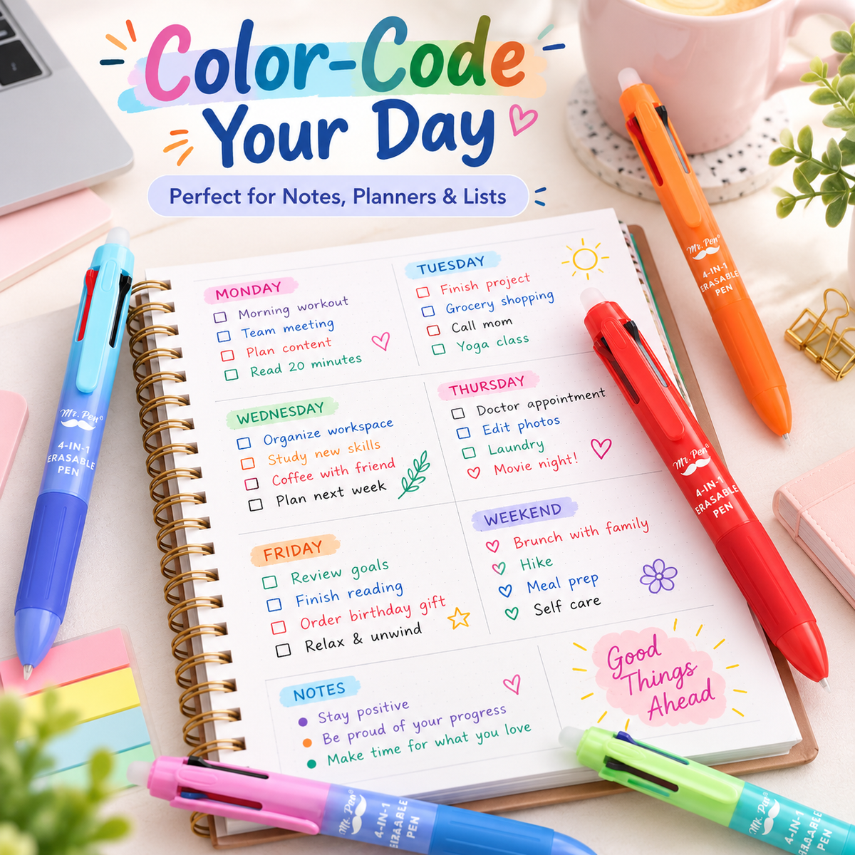 🎨Mr. Pen- Erasable Multicolor Pen, 4-in-1, 5 Pack, Colorful Ink