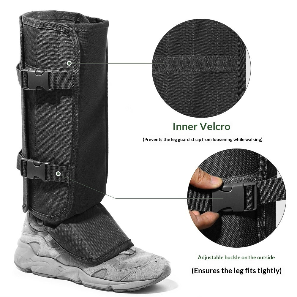 Close-up of adjustable buckle straps and inner hook-and-loop fastening on protective gaiters