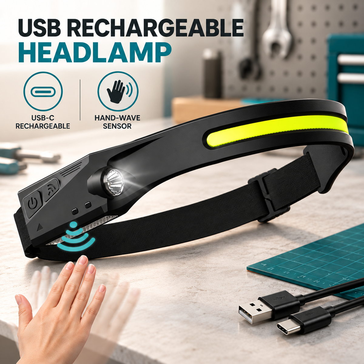 USB C rechargeable headlamp with hand wave sensor