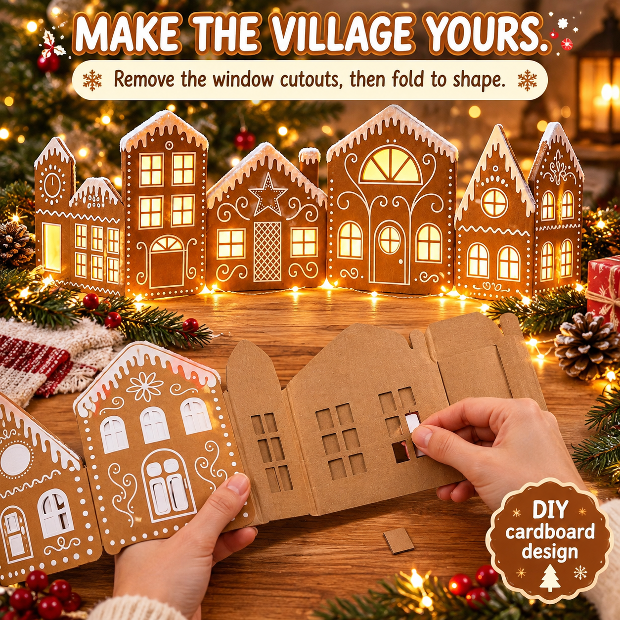 Hands removing pre-cut window sections from gingerbread village cardboard panels before assembly