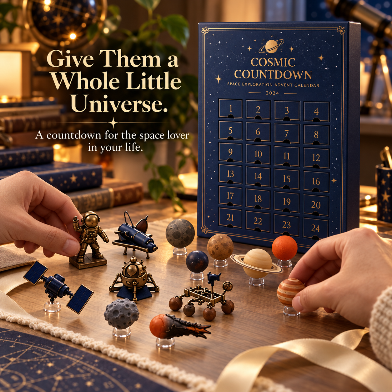 Space advent calendar and miniature planets being arranged by hand as a gift display