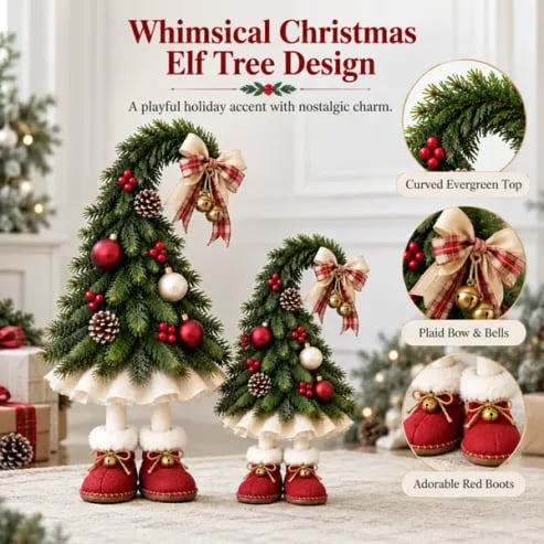 Whimsical Christmas Elf Tree Decor with plaid bows bells and red elf boots