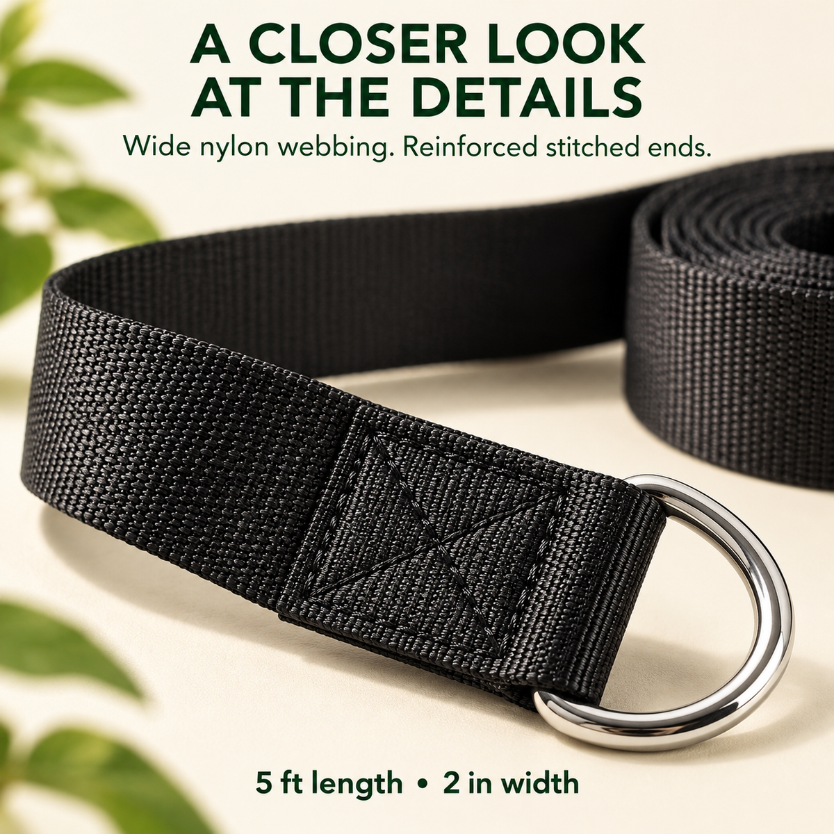 Close-up of wide nylon swing strap and reinforced stitching