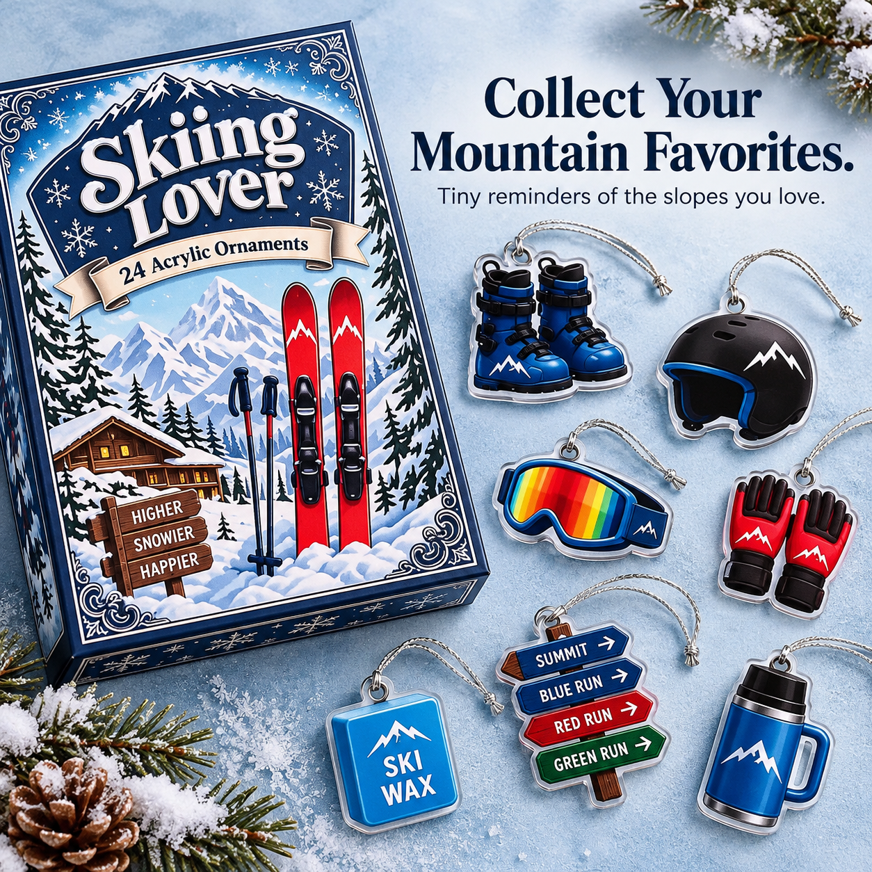 Assorted ski acrylic ornaments including boots helmet goggles gloves trail sign ski wax and thermos