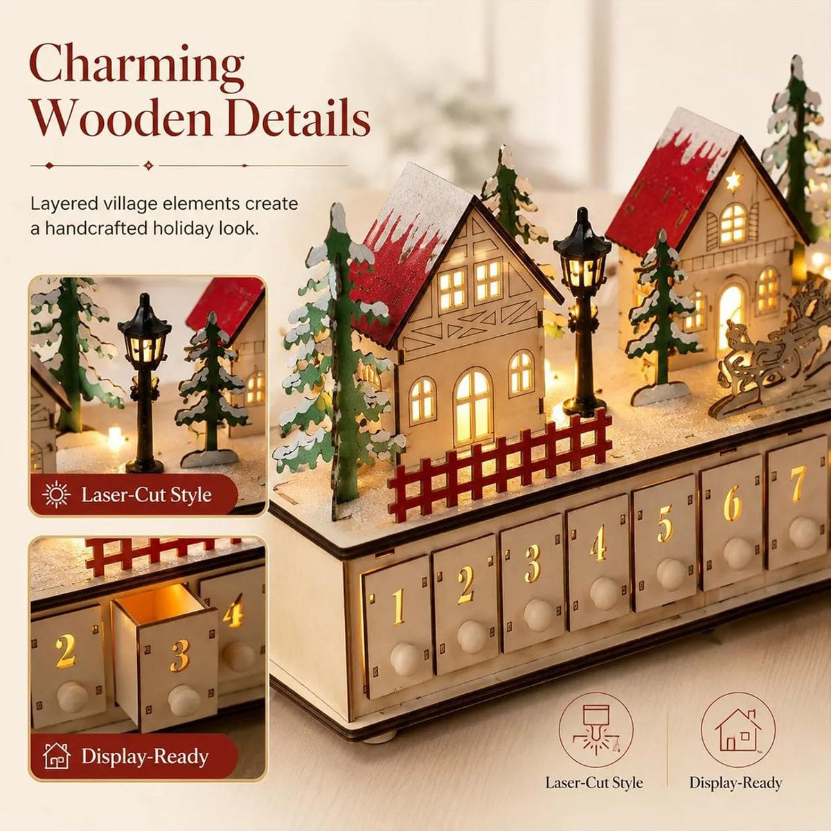 🎄Wooden Village Advent Calendar with LED Glow, Light-Up Christmas Advent Calendar with 24 Countdown Drawers