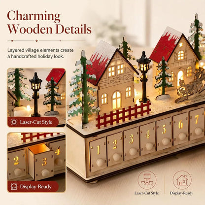 🎄Wooden Village Advent Calendar with LED Glow, Light-Up Christmas Advent Calendar with 24 Countdown Drawers