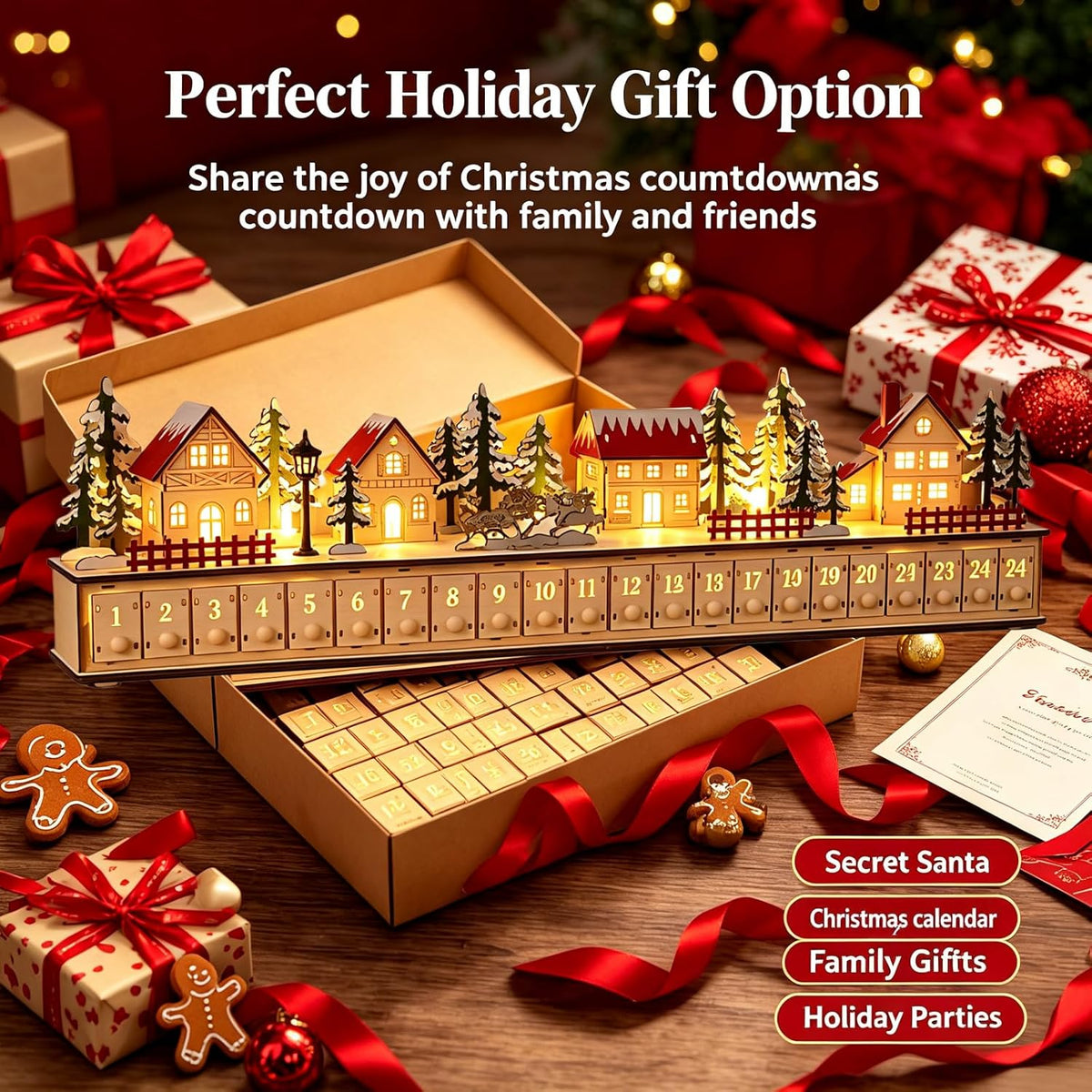 🎄Wooden Village Advent Calendar with LED Glow, Light-Up Christmas Advent Calendar with 24 Countdown Drawers