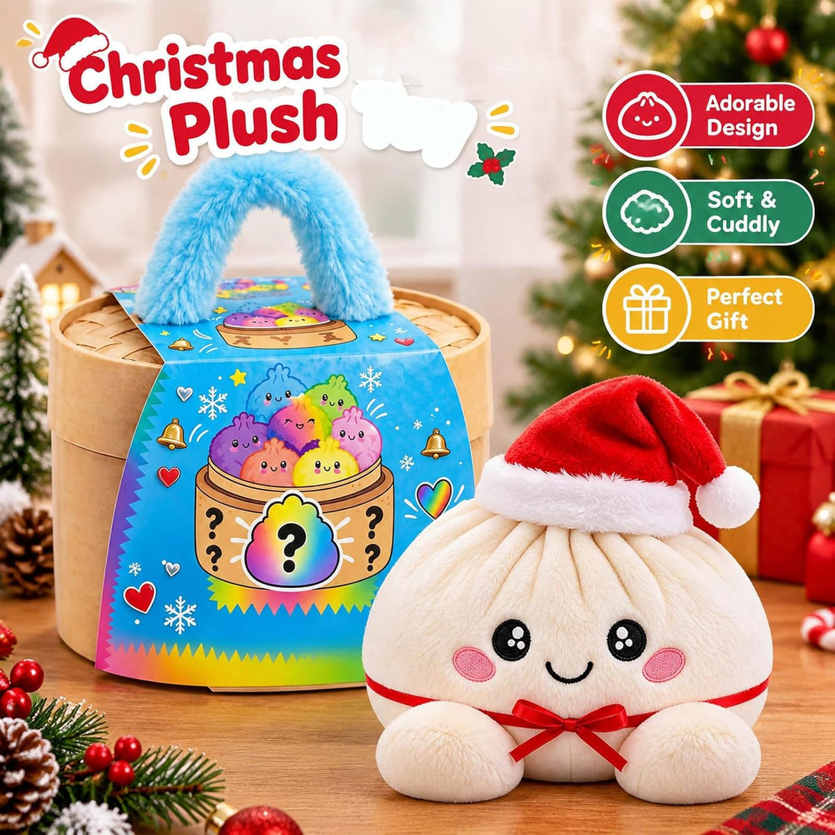 🌈Cute Plush StuffedDumpling Squishies, BigRainbow Squishes withSteamer🥟🎁