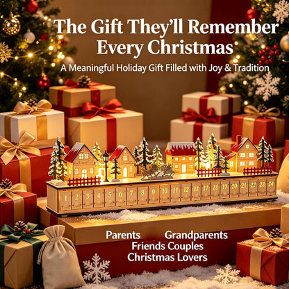 🎄Wooden Village Advent Calendar with LED Glow, Light-Up Christmas Advent Calendar with 24 Countdown Drawers