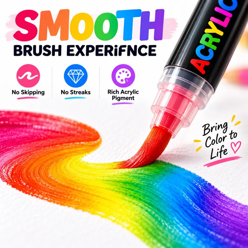 Close-up of upgraded acrylic brush marker creating a colorful rainbow stroke