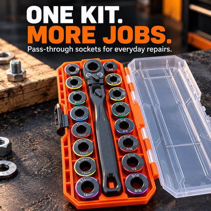 🔧🧰 Flex-Head Pass-Through Ratchet & Socket Set – Metric & SAE Sizes with Storage Case