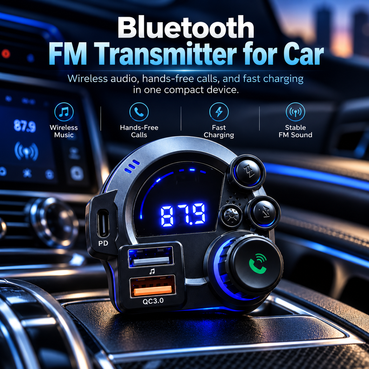 Bluetooth FM transmitter for car with wireless audio hands free calling and charging